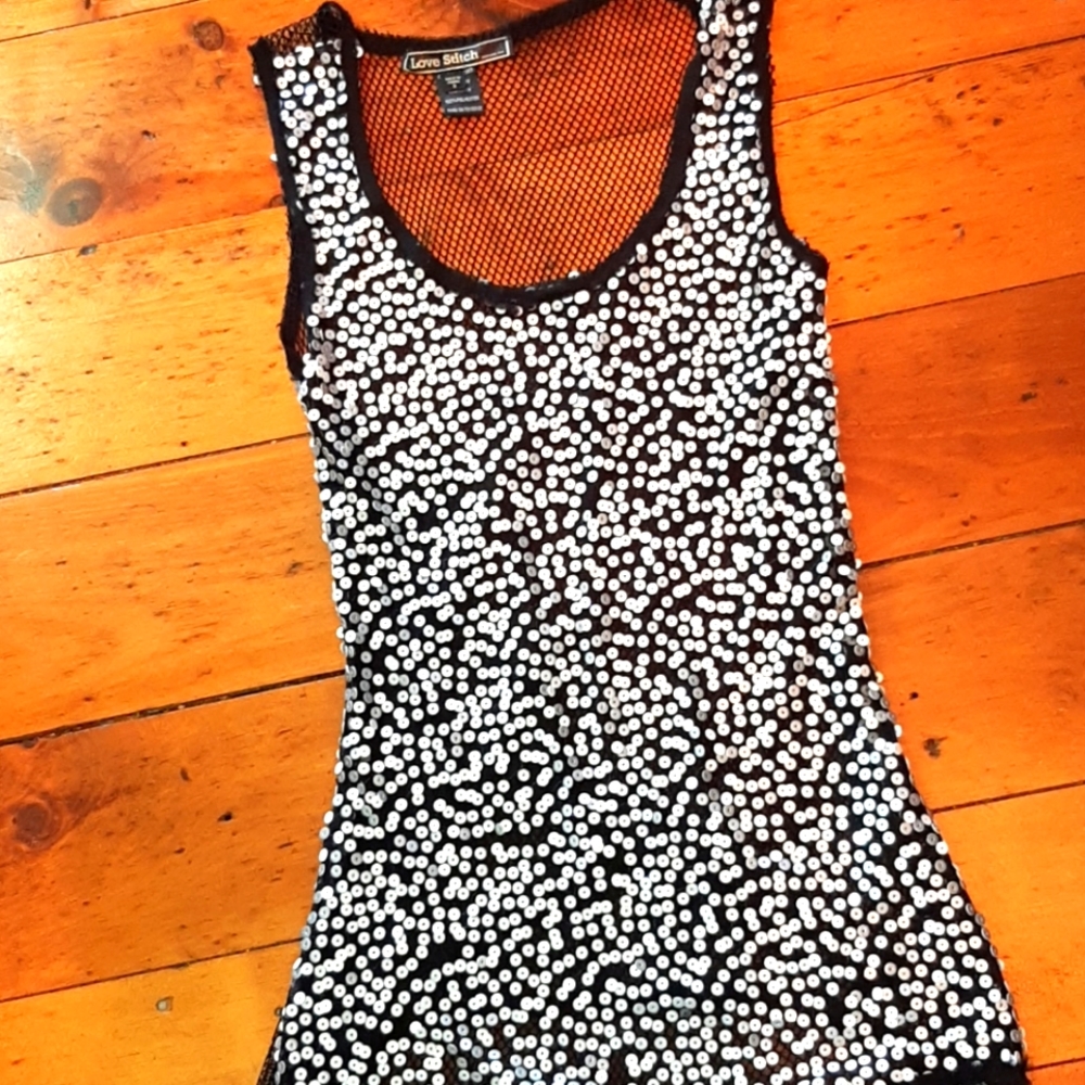 Love Stitch mesh back, sequin front tank